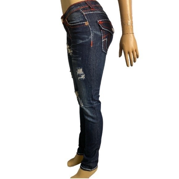 Y2K True religion Jeans Urban Cow Bill Big T Distress Skinny green Blue Size 28 - Picture 13 of 16